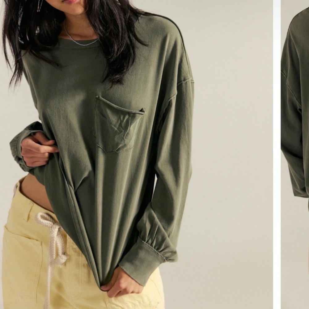 We The Free Free People Fade Into You Long Sleeve Tee Short in Green SZ M Boho